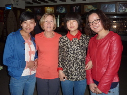 Ann White with HMQ Scholars Wang & Zhu. Guide Wang Fang on right. 