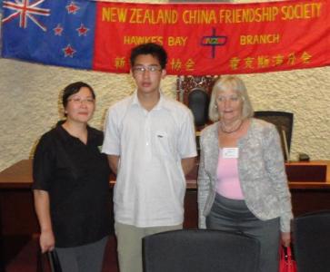 Becky Gee, Havelock North High School student Kevin Gee and Sue Padfield, Chair of the Hastings Education Link Group who organized the exchange.