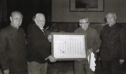 Ceremony of conferring 'Honorary Citizenship' on Rewi Alley by the Beijing Municipal Government, Dec 2, 1982. L-R: Wang Bingnan, Rewi Alley, Liao Chengzhi and Jiao Ruoyu
