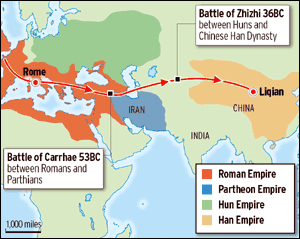How Romans may have reached Liqian - from Telegraph newspaper webpage - see link below. Note the incorrect spelling of 'Parthian Empire' 