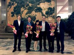 After the Gala Performance in the Great Hall. From left: Gabriel Keresztesi (grandson of James Gareth Endicott), Mark Bethune (grandson of Dr. Norman Bethune), Doris Zhang (Chinese People’s Association for Friendship with Foreign Countries), Philip Hall, Nie Guangtao (Rewi Alley’s adopted son) and Nie Guangtao’s son.
