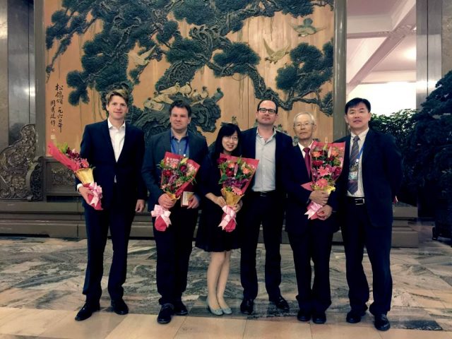 After the Gala Performance in the Great Hall. From left: Gabriel Keresztesi (grandson of James Gareth Endicott), Mark Bethune (grandson of Dr. Norman Bethune), Doris Zhang (Chinese People’s Association for Friendship with Foreign Countries), Philip Hall, Nie Guangtao (Rewi Alley’s adopted son) and Nie Guangtao’s son.