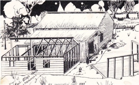  Drawing of the out buildings under construction behind the whare in 1989 [David Harre's design for renovation 1988] 
