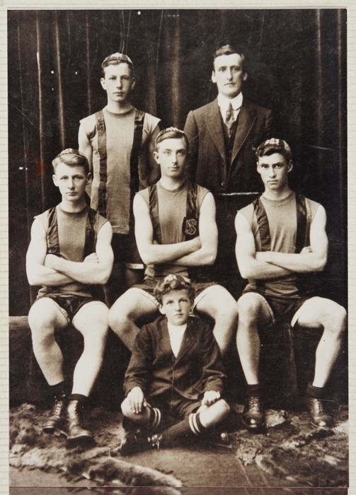 Christchurch Boy's High School rowing four  Back row from left - D N Waghorn. W M Stewart (Coach). Middle row from left - Rewi Alley. W A Fraser. A F McArthur Front - A S Haines (Cox).  Ref: PA1-q-662-11-3. Alexander Turnbull Library, Wellington, New Zealand. http://natlib.govt.nz/records/22523965