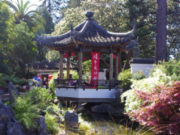 pagoda with a red banner among a pond and bushes