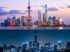 Shanghai skyline by day and Beijing skyline by night