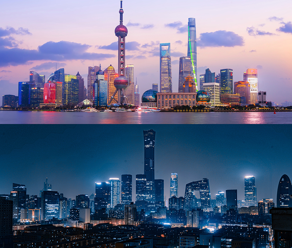 Shanghai skyline by day and Beijing skyline by night